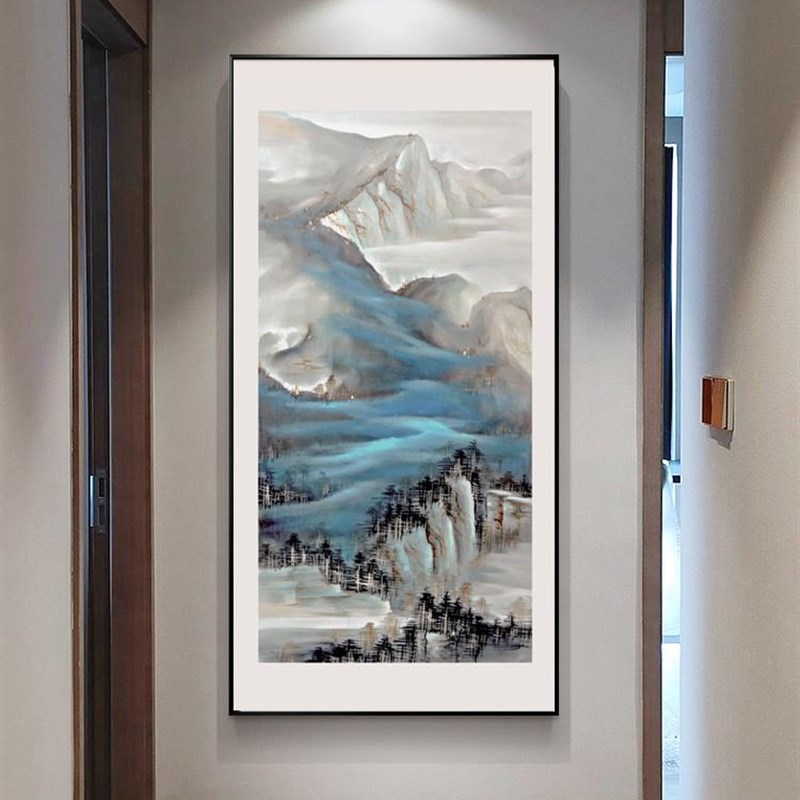 网红笔墨风丹青新中式玄关挂画竖版水墨水景走廊过道壁画大气装饰