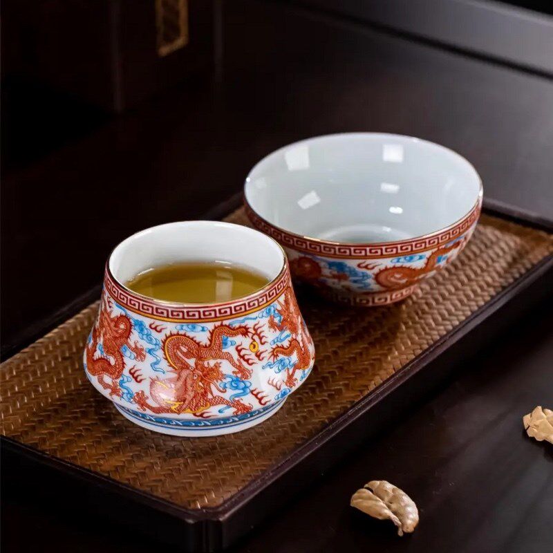 景德镇瓷器仿古青花瓷矾红五龙茶漏中式风过滤器茶滤茶室家用茶具