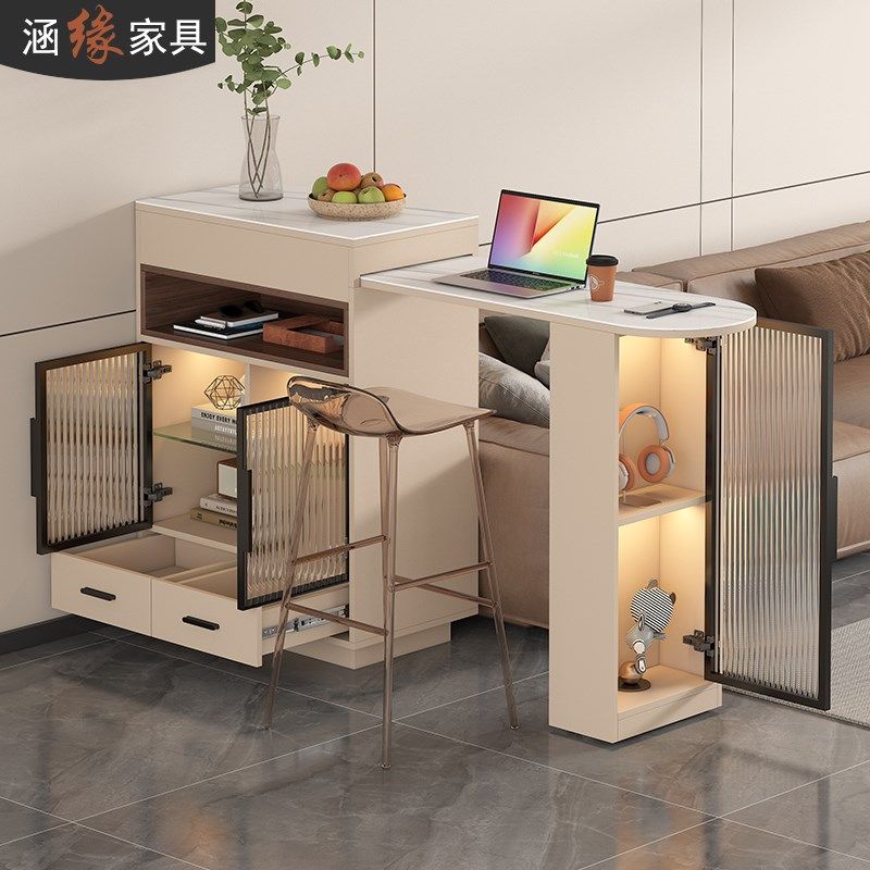 奶油风可伸缩吧台桌家用酒柜隔断柜客厅餐边柜中岛台沙发边柜7S41