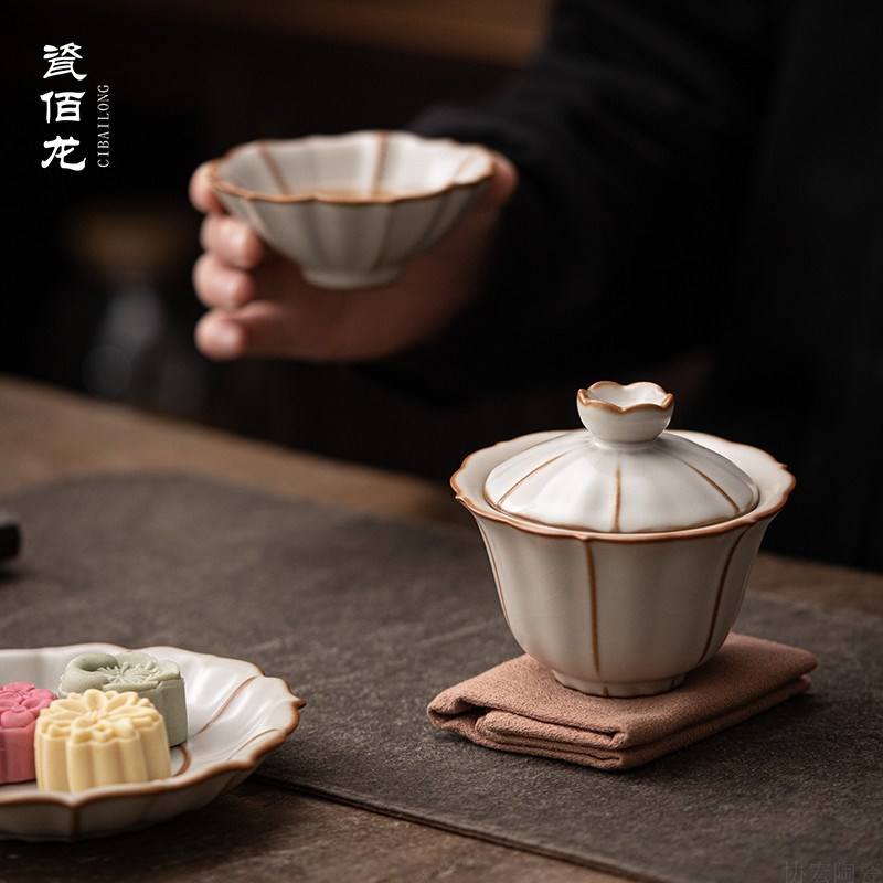 柏韵邱卫国汝窑盖碗茶碗陶瓷三才盖碗大号家用茶具简约冰裂釉汝瓷