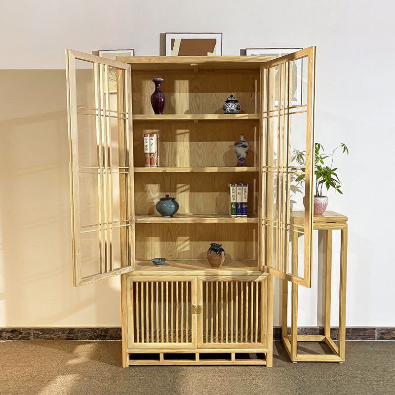 新中式白蜡木玻璃柜展示柜实木书柜茶叶柜原木储物柜珠宝柜文件柜