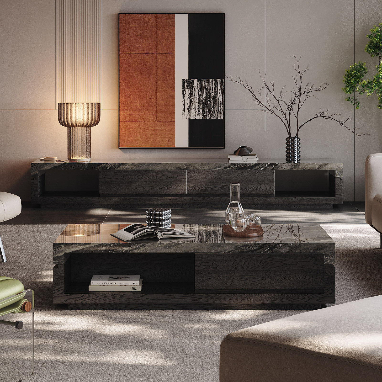 华意空间意式极简客厅大理石茶几电视柜组合轻奢高级感新款落地家