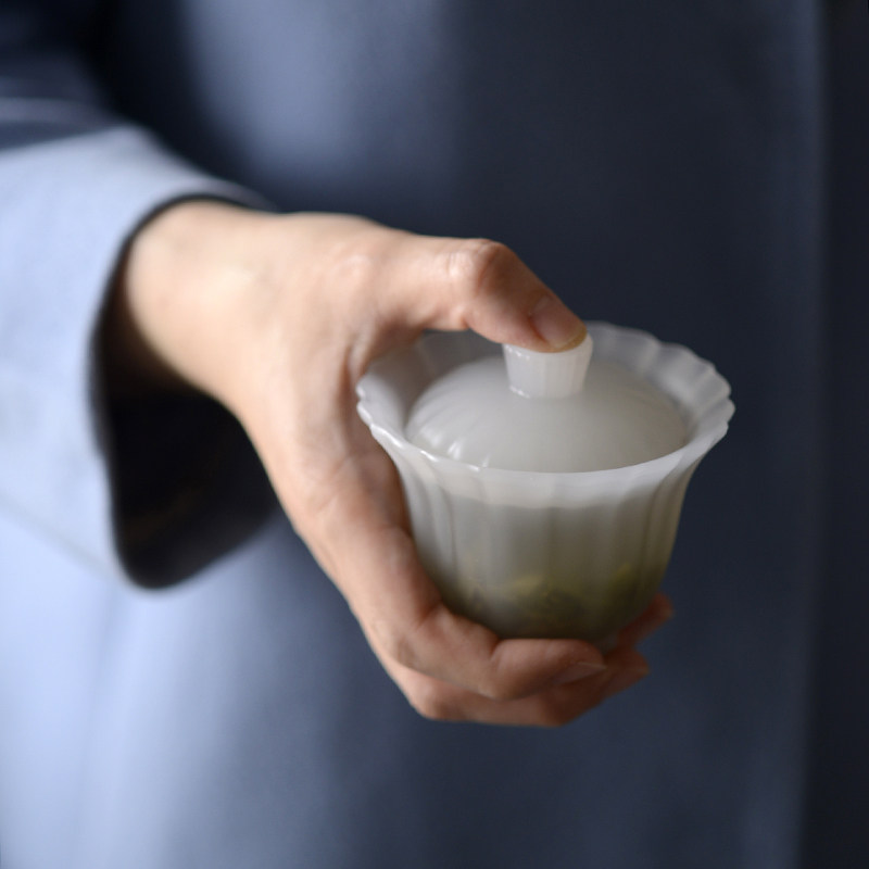 闲梦江南 琉璃盖碗葵口菱花白玉透明色功夫茶具人文茶席古法工艺