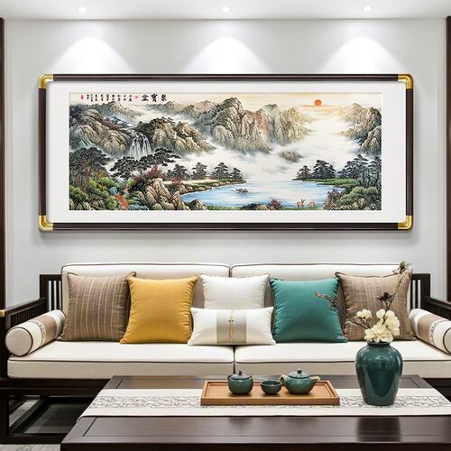 聚宝盆客厅挂画新中式沙发背景墙装饰画山水画靠山图大气聚财国画