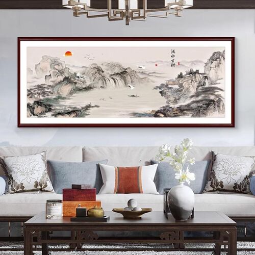新中式客厅沙发背景墙装饰画办公室实木山水风景画聚宝盆大气挂画