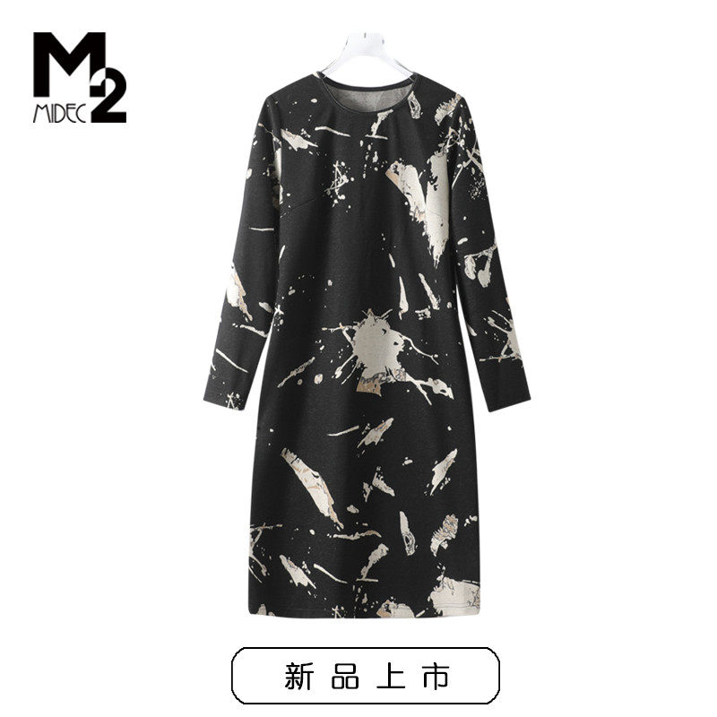 M2女装2025春秋新款宽松大码收腰显瘦微胖中年妈妈针织长袖连衣裙
