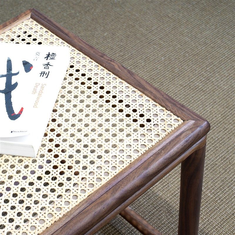 北美黑胡桃木茶凳藤编小方凳新中式实木小凳子矮凳方形板凳木凳子
