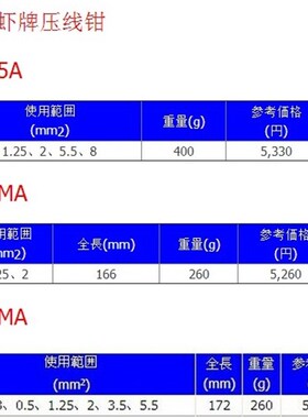 进口 日本龙虾牌LOBSTER AK-2MA 1MA 15A 19A 38A 裸端子压线钳