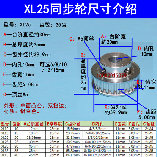同步轮XL25齿 同步带轮 25T 含顶丝 内孔可选6/8/10/12/15 皮带轮