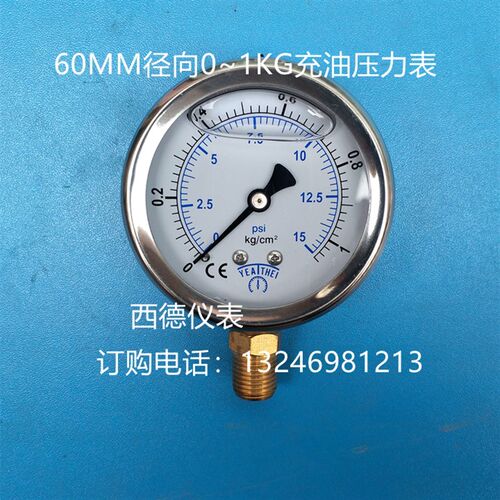 YN60,60MM直立式0-1KG充油耐震压力表,充油抗振压力表液压表