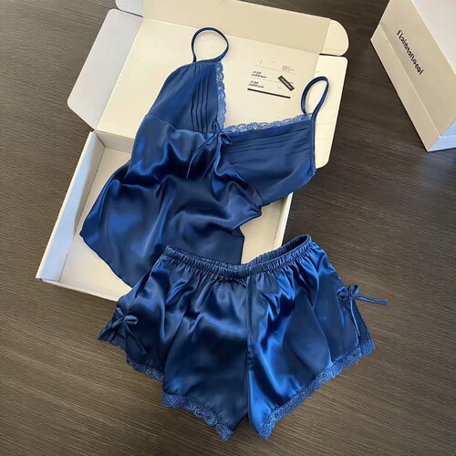 高级感宝蓝色冰丝睡衣女夏季吊带