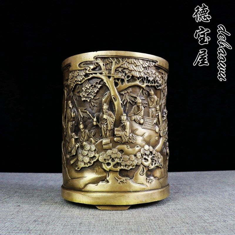 纯铜笔筒摆件黄铜复古笔筒人物笔筒工艺品大号文房用品办公室桌面