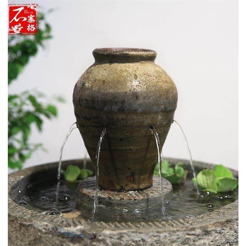 石磨流水石槽鱼缸家用阳台石盆造景古旧石器创意瓦罐喷泉流水景观