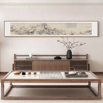 新中式客厅装饰画湖山春暖图窄长条国画茶室背景墙壁画富春山居图