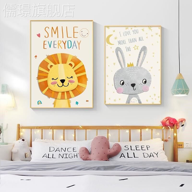 网红儿童房装饰卡画男孩女孩卧室温馨壁画代现简约通趣味床头动物