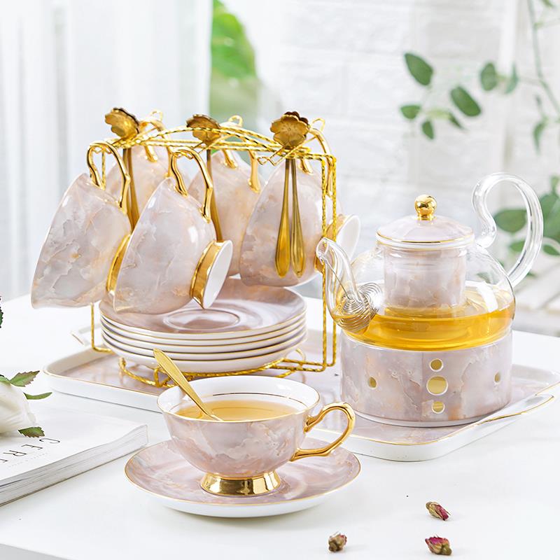 大理石纹轻奢陶瓷玻璃花茶具套装客厅茶具水果茶壶带过滤蜡烛加热