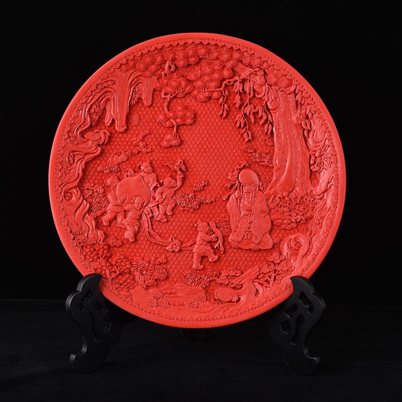 扬州红色漆器福字盘 北京雕漆特色装饰品 客厅摆件五子祝寿盘 商