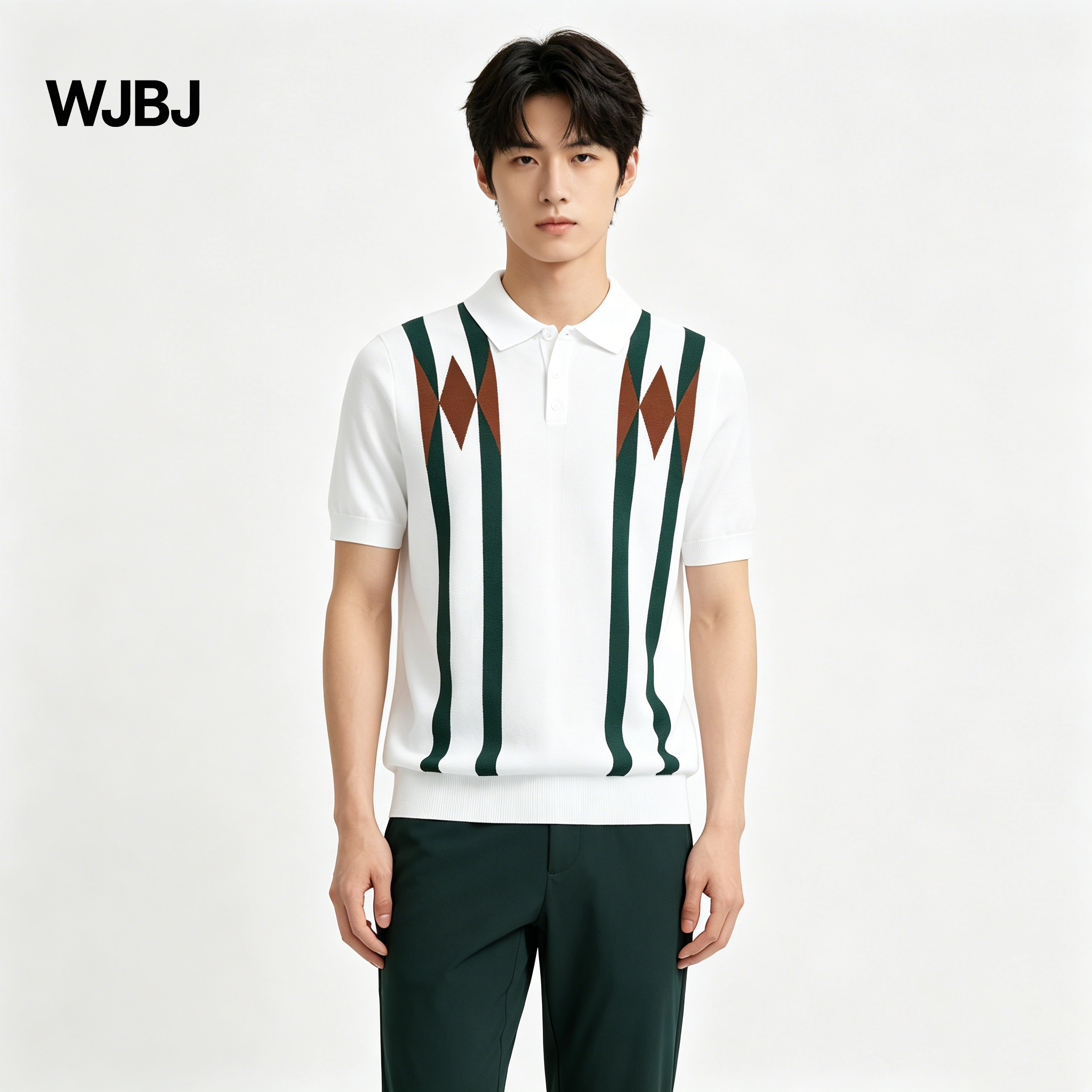 WJBJ2026年老钱风复古撞色POLO衫男短袖修身菱形格针织翻领轻熟