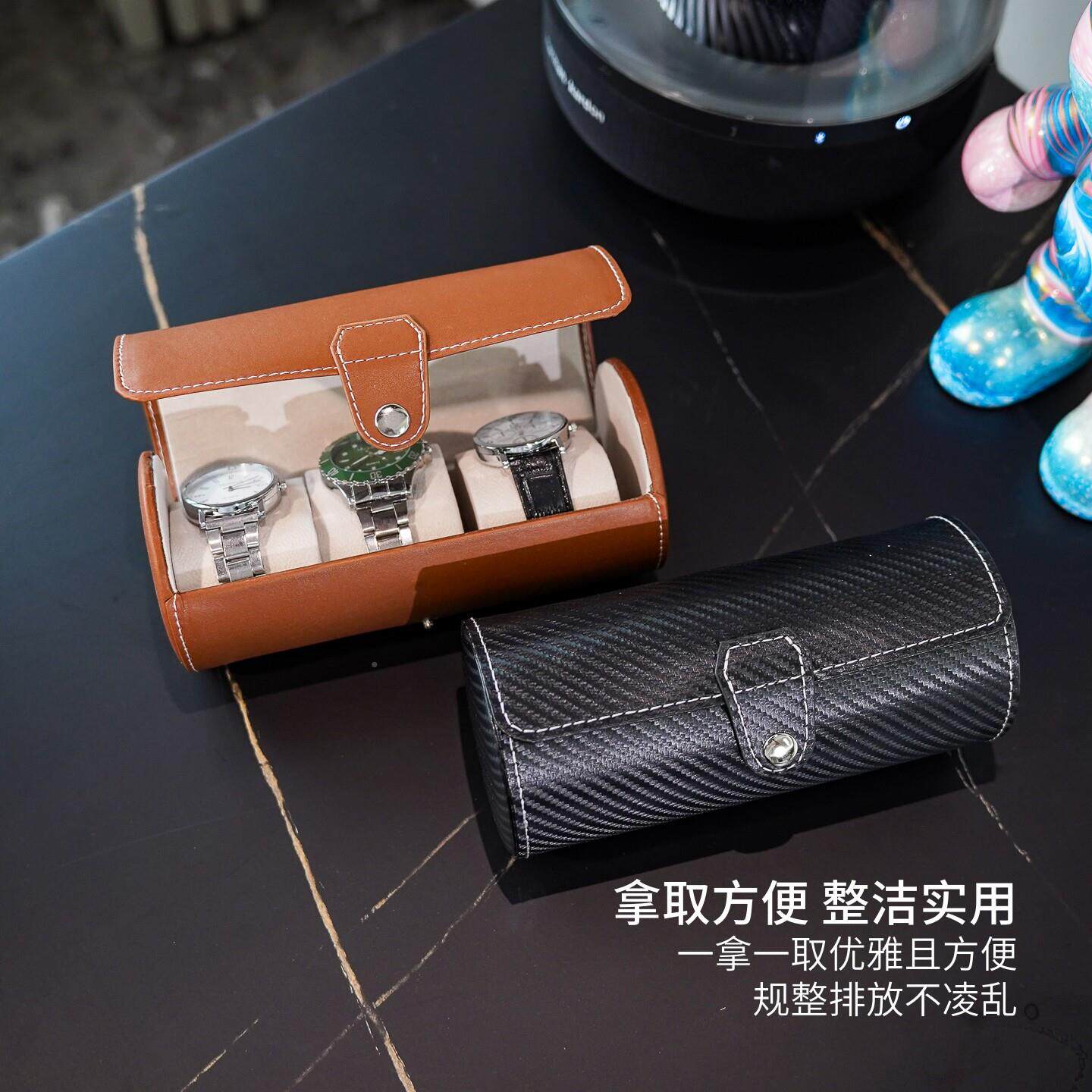 位圆礼筒手盒PU皮质3只装116手表3收纳盒首饰品盒表便携款防尘碳