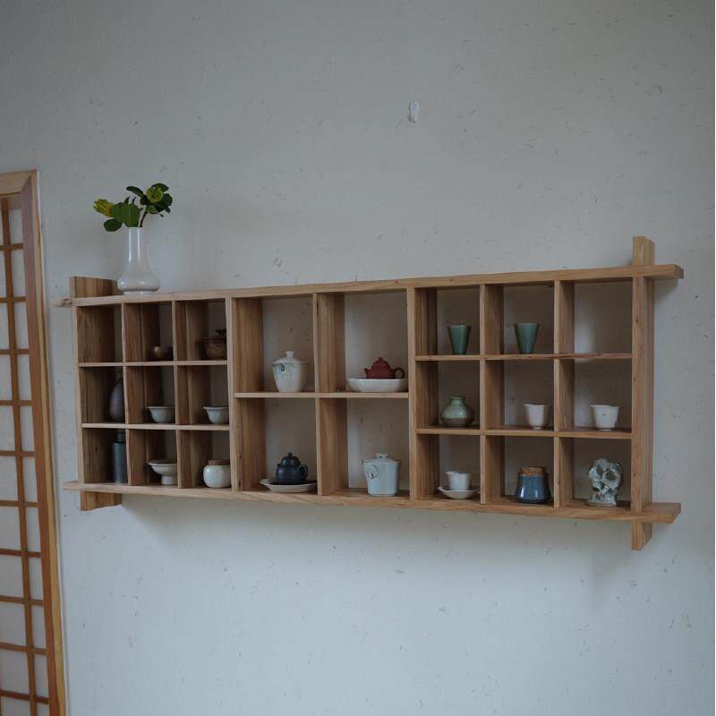 九间房实木置物架禅意多榆宝阁方收纳展示老木墙上瓷展器茶具收纳