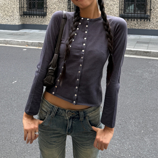 ICVIBE 多穿双排扣·抗起球莫代尔·定染紫调灰蓝针织开衫