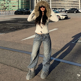 做旧水洗蓝宽松低腰裤 ICVIBE 反膨胀黑科技·竖条纹牛仔嵌入