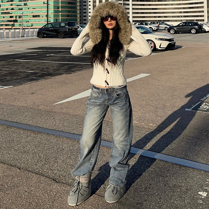 ICVIBE 反膨胀黑科技·竖条纹牛仔嵌入 做旧水洗蓝宽松低腰裤