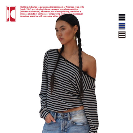 ICVIBE 古早味·想rua的羊绒手感 斜肩+收紧下摆 条纹露肩tee