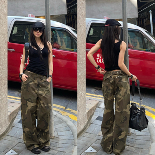 ICVIBE 摩登迷彩·后腰调节+铆钉细节 低腰宽松直筒裤