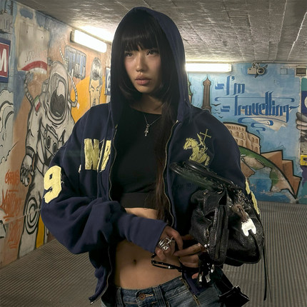 ICVIBE 美式街头·撞色刺绣+贴布 重工做旧藏蓝420g薄绒帽衫