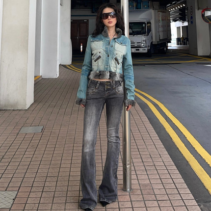 ICVIBE 摇滚尖货·性感超辣铆钉 灰白特殊水洗弹力喇叭裤