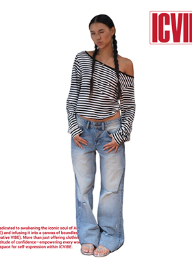 ICVIBE师从Megan Fox·Cone美式牛仔 暖调冰蓝破洞宽松直筒牛仔裤