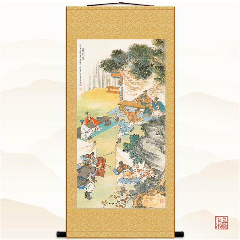 鸿门宴+刘邦项羽历史典故人物卷轴挂画+中式绢布丝绸装饰画定制