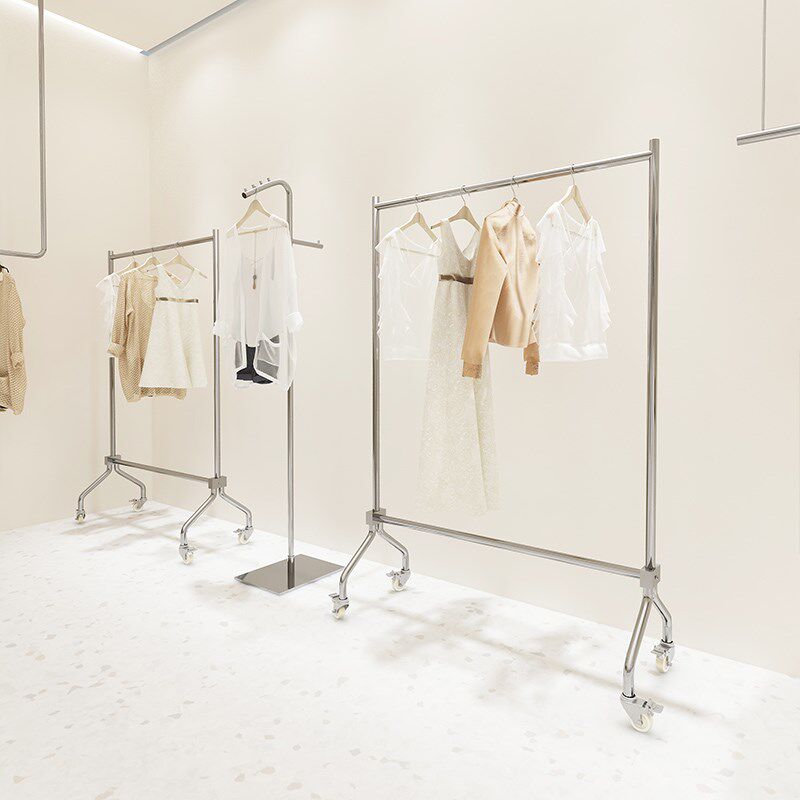 女装店展示架不锈钢落地式挂衣架服装店陈列架带轮子货架银色中岛