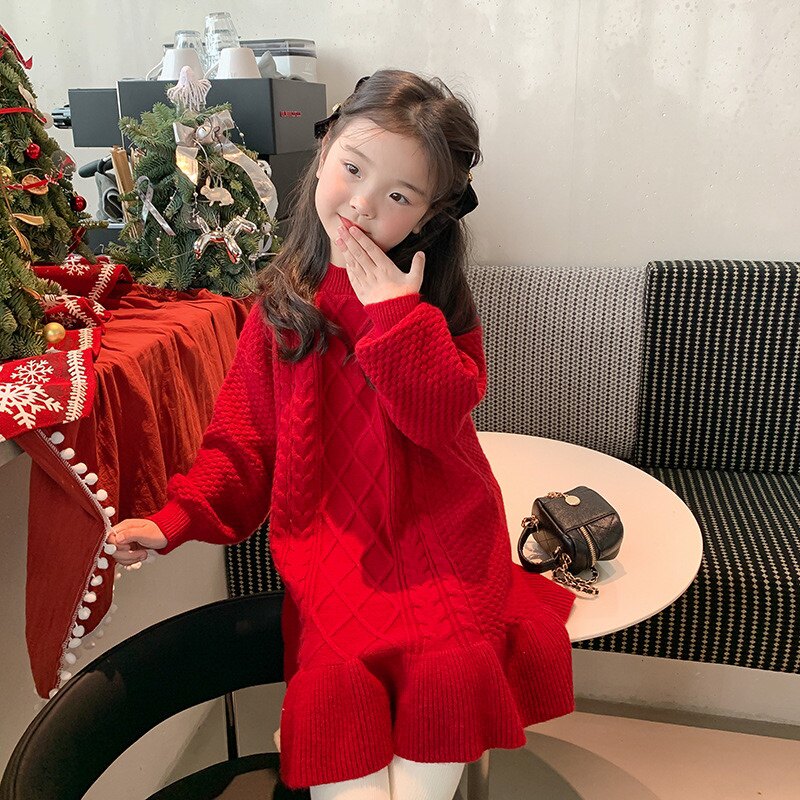 女童毛衣裙圣诞新年儿童针织麻花连衣裙秋冬装宝宝红色裙子鱼尾裙
