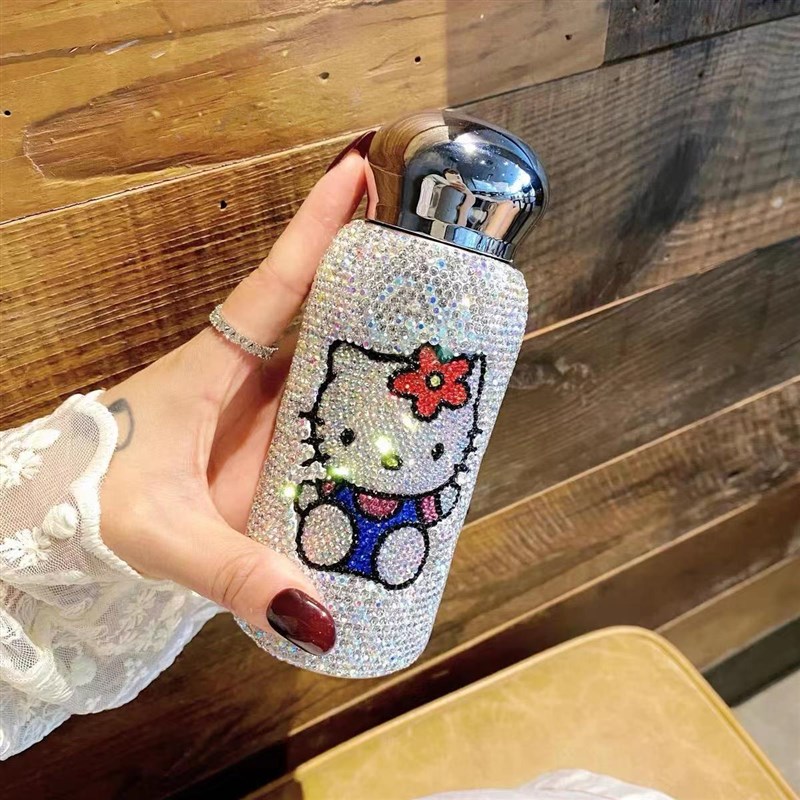 高颜值车载保温杯直身镶钻便携女水瓶闪亮