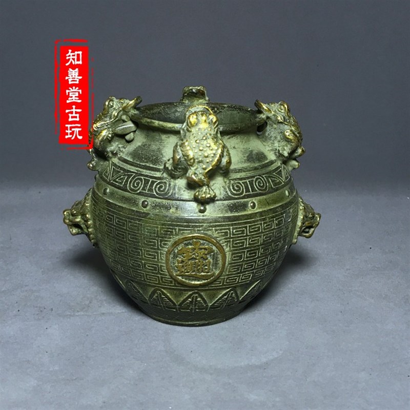 仿古古玩铜器收藏 黄铜铜器 摆件 金蟾貔貅招财铜罐 招财进宝