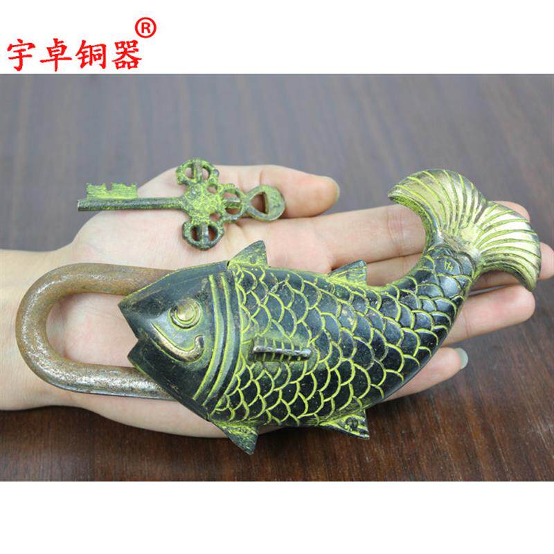 宇卓铜器纯铜锁 黄铜老式插销锁 吉祥鱼造型铜锁 铜质工艺品摆件