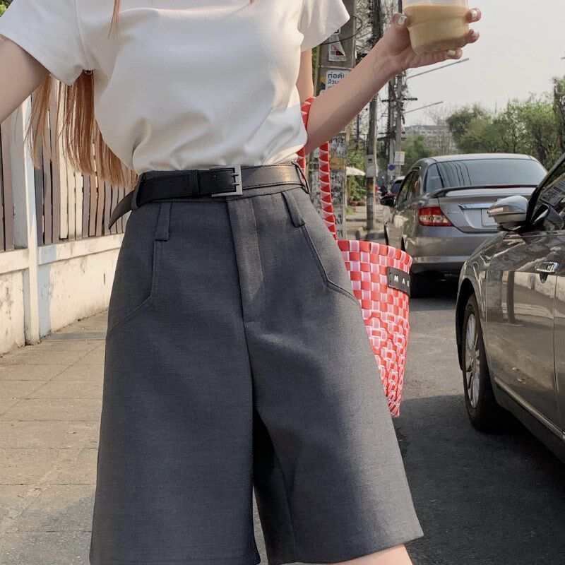 胖mm灰色西装短裤女夏直筒垂感休闲五分半裤大码气质宽松阔腿中裤