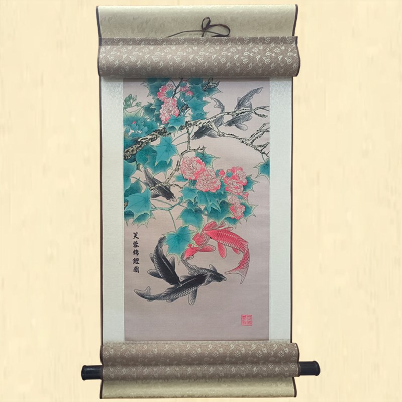 古蜀锦芙蓉锦鲤挂画四川特色文化国风手工品纪念礼物蜀绣卷轴送礼