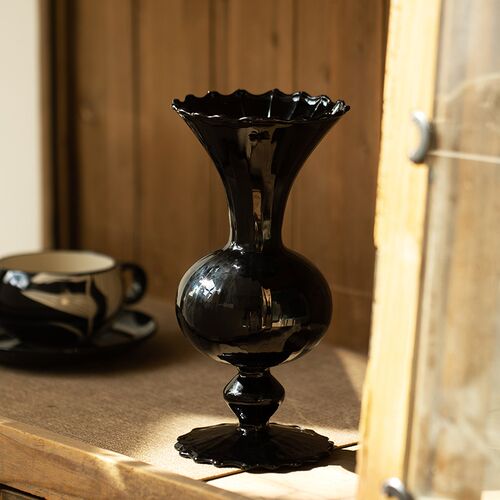 MONAZONE中古黑硝子花瓶摆件客厅插花高级玻璃法式复古小众间花器