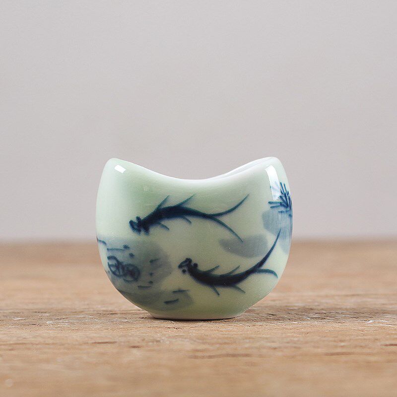 华胜堂 景德镇手绘透青釉戏鱼图平底画眉罐喂食器配件 鸟笼鸟具