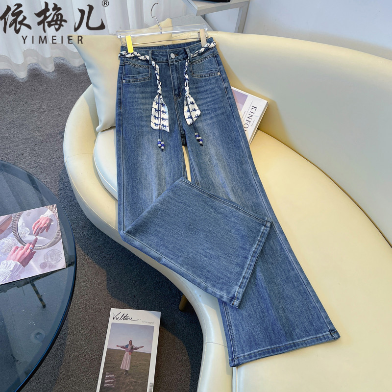 时尚气质蓝色微喇阔腿牛仔裤女夏薄款2026新款丝巾腰带筒喇裤长裤图片