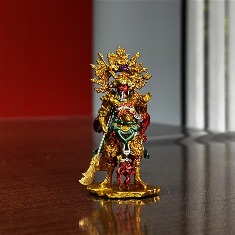 崇宁真君铁佛寺关公造像纯铜实心釉彩手绘车P载办公室案头小摆件