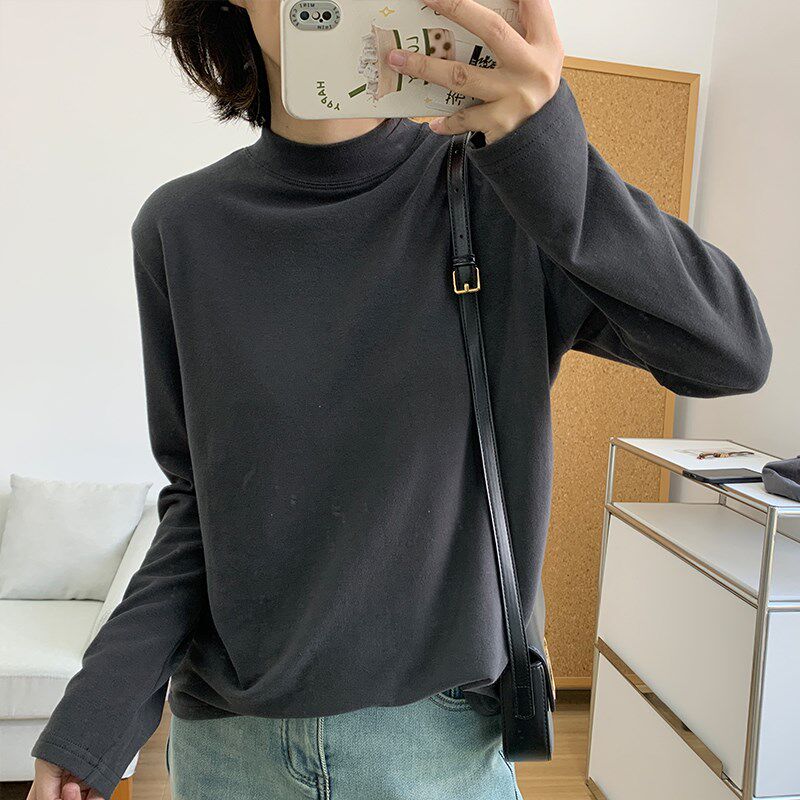 软绵绵磨毛绒半高领打底衫女u秋2025宽松加厚纯色内搭长袖打底T恤