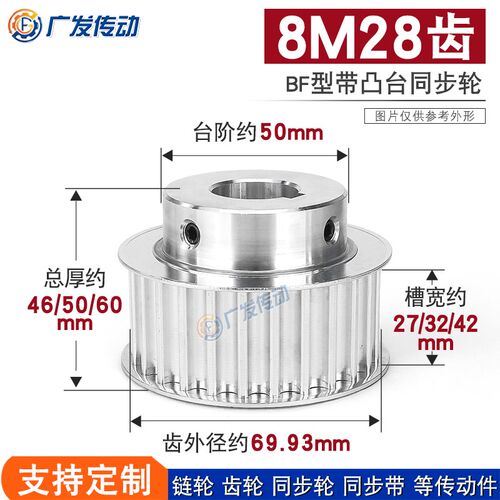 同步轮8M28齿T 槽宽27/32/42BF型 带凸台阶同步皮带W轮 精加工内