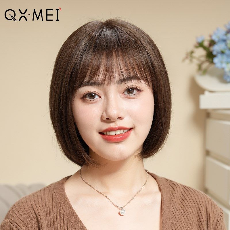 假发女全头套真人发丝轻薄透y气全真头顶短发波波发套自然女士