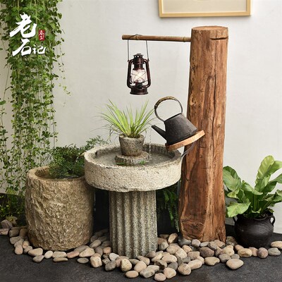 石器流水木架室内景观阳r台水景庭院布景石槽组合鱼缸水池石磨摆