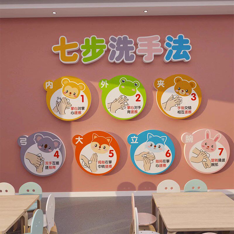 幼儿园简约现代儿童七步洗手法步骤图墙贴环N创卡通厕所主题立体