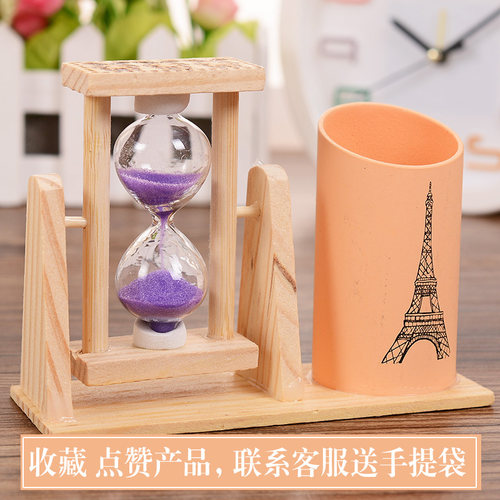 单沙漏圆笔筒 小学生礼品奖品礼物摆件旋转木质手工工艺品实木